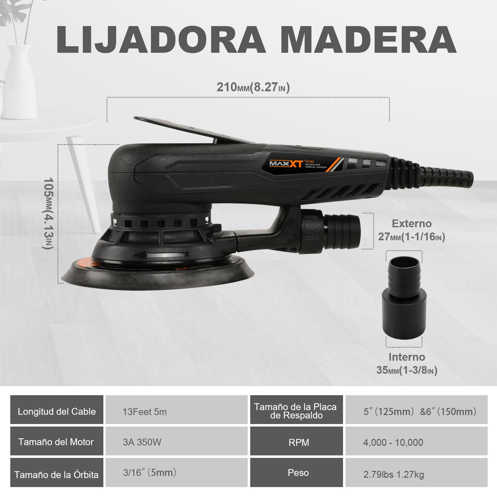 MAXXT Lijadora orbital sin escobillas 350W, Lijadora excéntrica 5.0， disco de 125mm&150mm, 4000-10000RPM(6 velocidades ajustables) Freno automático-2s, y 20 hojas de papel de lija