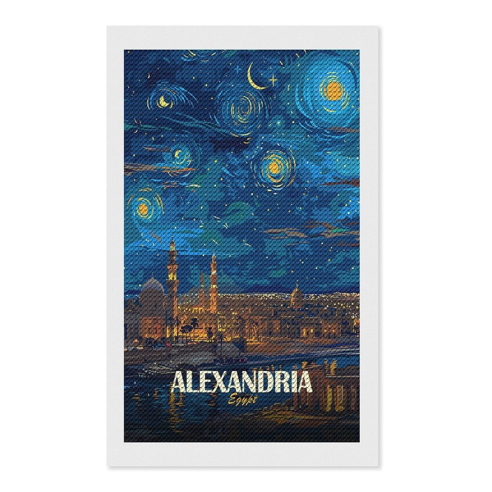 Junmoney Alexandria Egypt Starry Night Art Full Drill Diamond Painting Kit 12"x20", Sparkling Round Gems, Decorate Your Room, Mindful Craft Activity