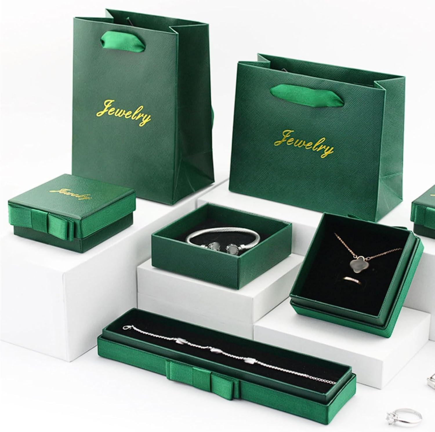 Dark Green Bow Jewelry Box Set, 6-Piece Paper Packaging for Rings Necklaces Bracelets, Fleece-Lined Sponge Protection