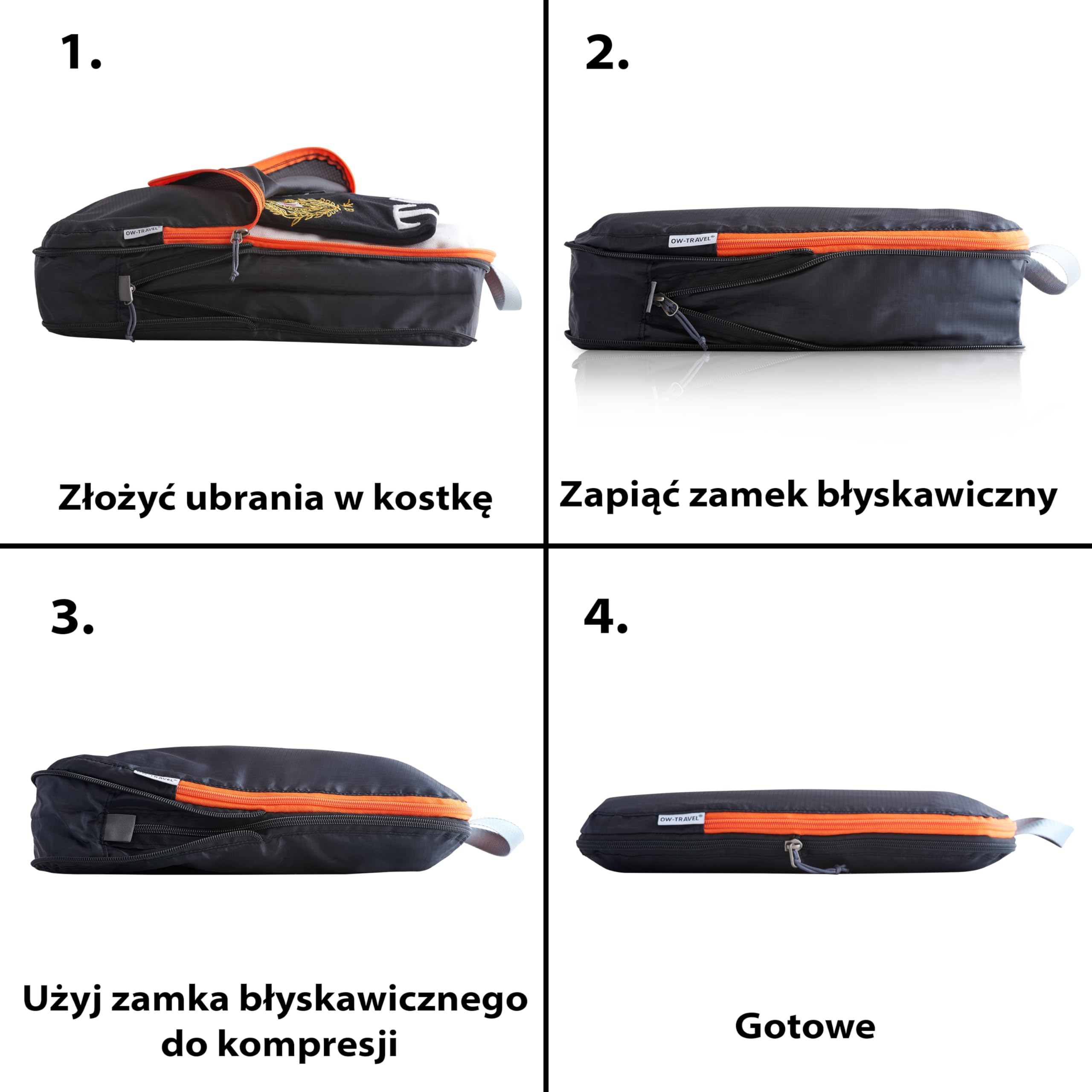OW-Travel Łatwe do Zorganizowania Kompresyjne Kostki do Pakowania Walizek. 4 Średnie Kostki Podróżne do Torby Plecaka Bagażu. Akcesoria Podróżne Niezbędne na Wakacje. 4 szt. C Zarny