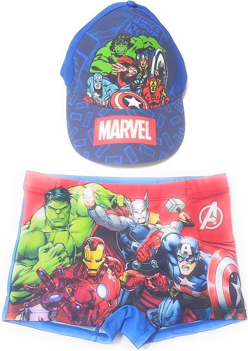 Bañador Avengers para Playa o Piscina + Gorra Avengers para Niños | Bañador Los Vengadores Tipo Bóxer + Gorra Ajustable Avengers Marvel
