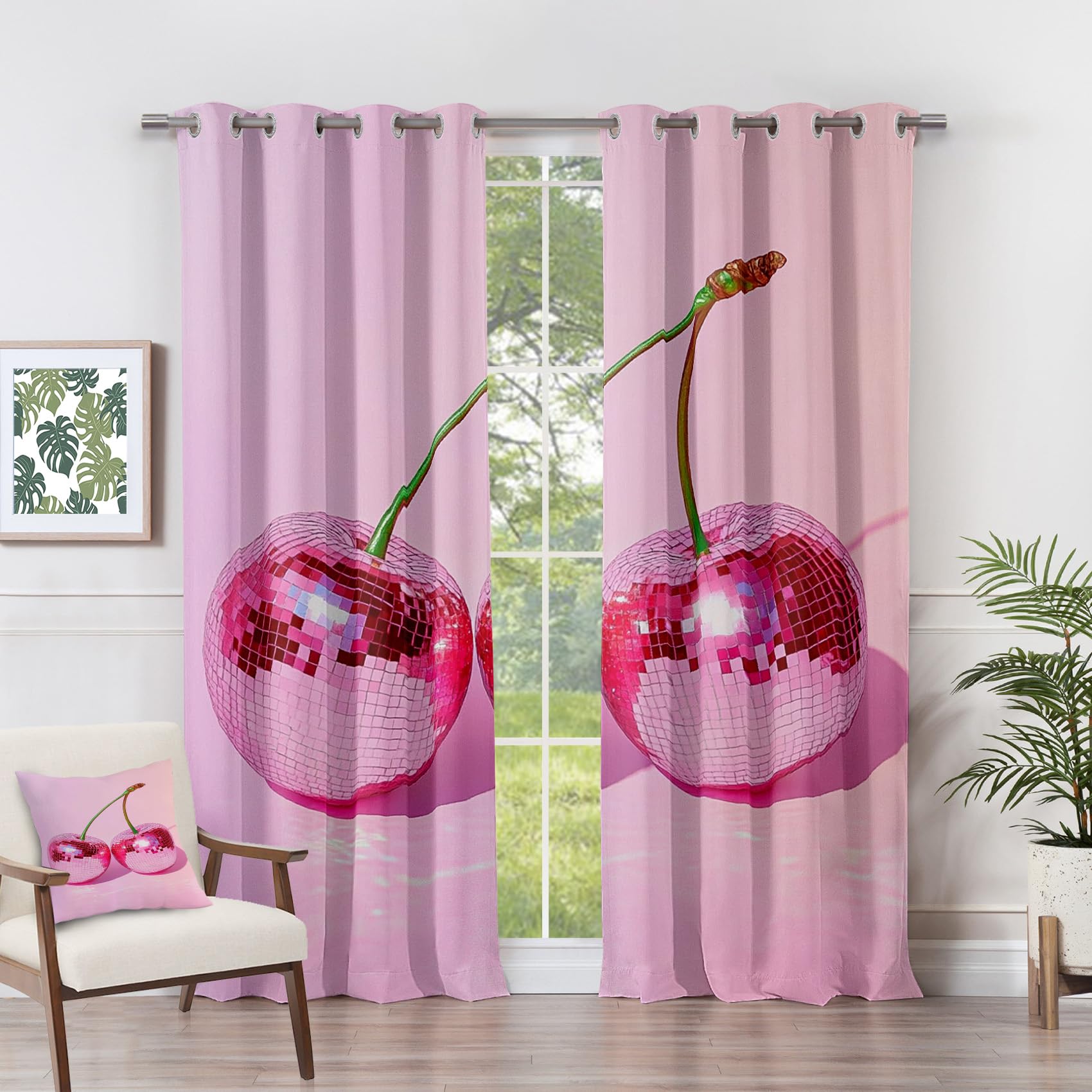 Rideau Occultant Cerise - Rideau Thermique Motif Rose Fruits, Rideaux Chambre Salon Fenetre, Lot de 2 Rideaux et Draperies Intérieurs à Oeillets, 117x137 cm (LxH) O#-278