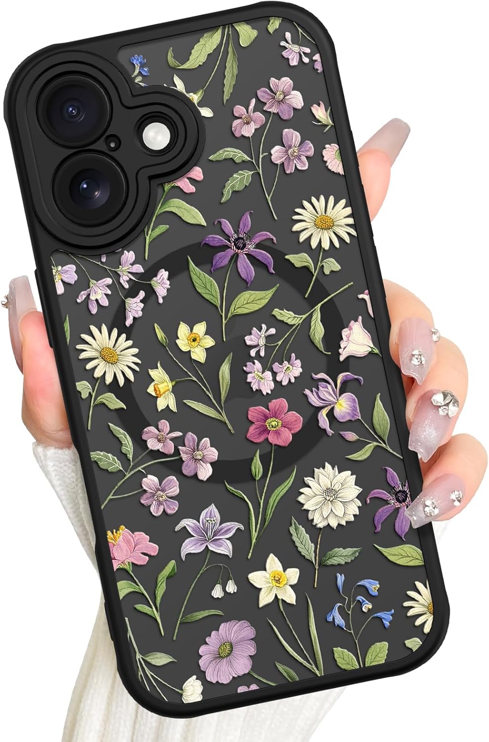 AIGOMARA Magnetic for iPhone 17 Case, Compatible with Magsafe, Cute Blooming Flower Floral Pattern Screen Protector Camera Protection Matte Translucent Phone Case for Women Girls, Black