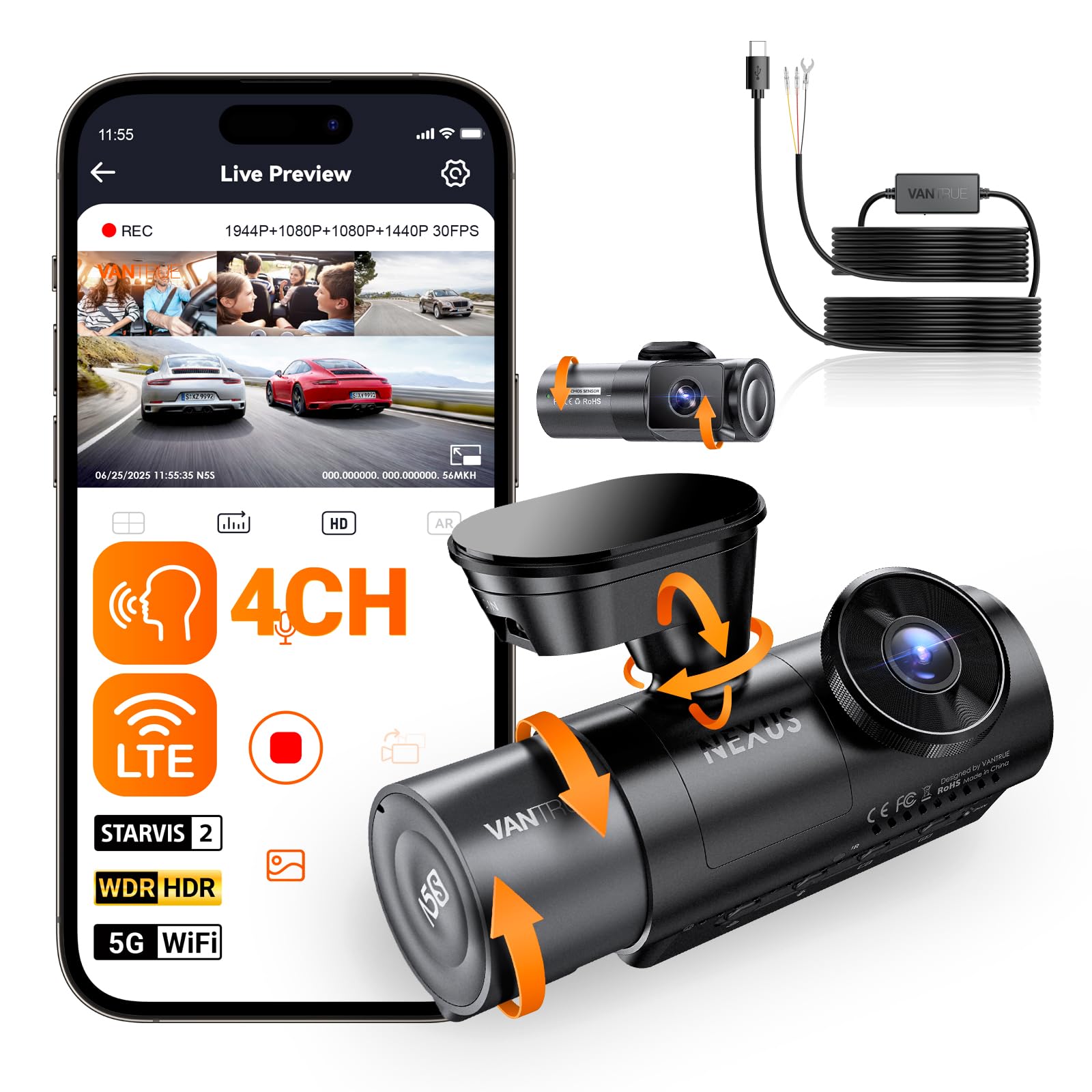 VANTRUE N5S Telecamere Auto STARVIS 2, 4 canali Dash Cam 2.7K+ Dual 1080P+ 1440P anteriore, interno e posteriore,VANTRUE Kit cablaggio USB-C regolabile con 2 stadi per Dashcam N5/N4/E3/E2/E1/N2S/N2 Pr
