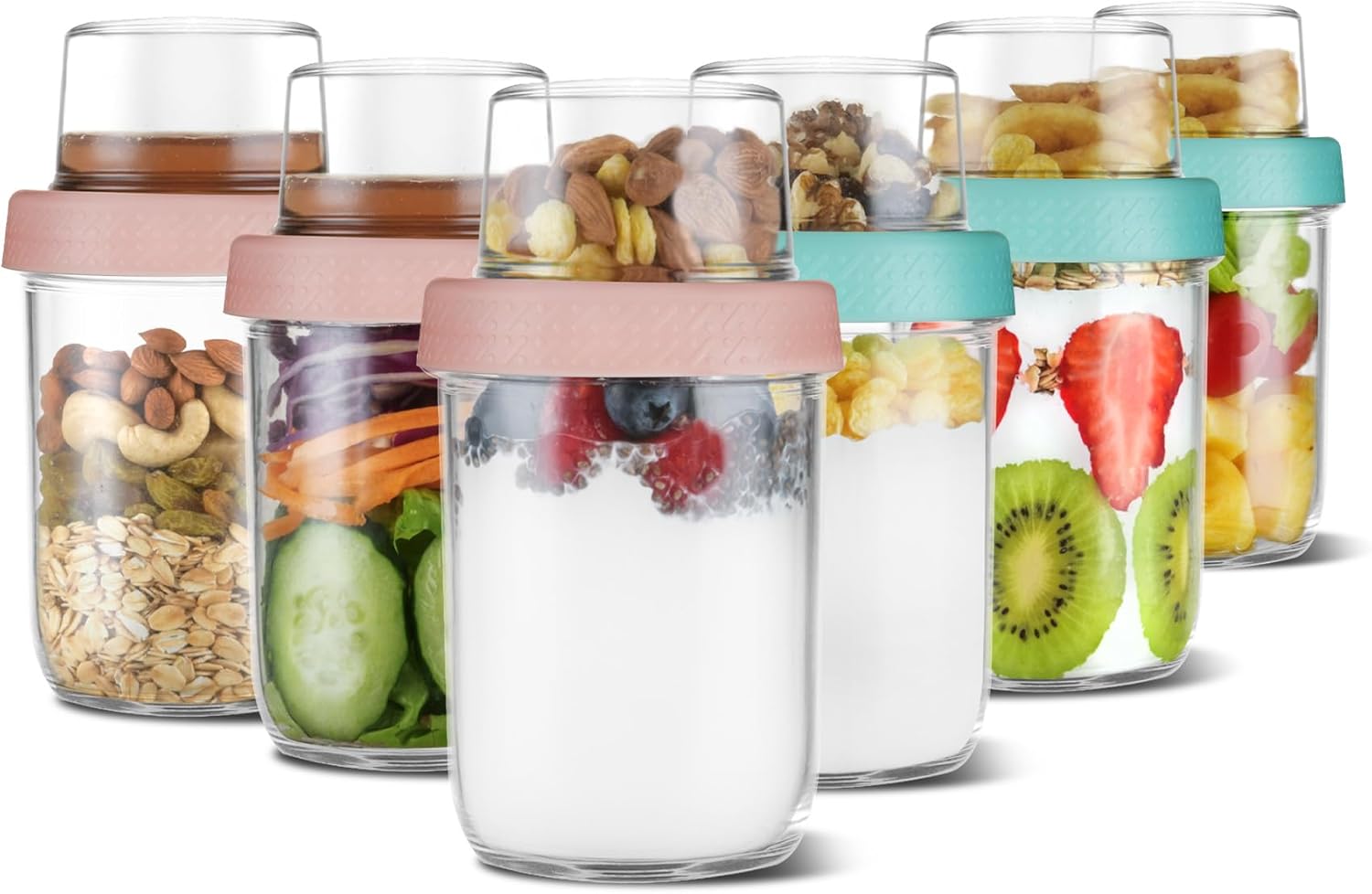 4oz 16 oz Glass Overnight Oats Containers with Lids 6Pack, Yogurt Parfait Cups with Dry and Wet Separation, Breakfast Prep Bowl for Cereal Nut Fruit Meal, To Take Along Oatmeal Salad Smoothie Snack PINK*3/GREEN*3