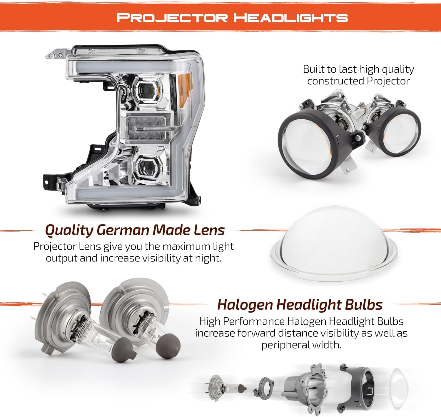 AKKON - Fits 2020-2022 Ford F250 / F350 Super Duty Projector Chrome Headlights Pair Left+Right w/LED Tube DRL Turn Signal