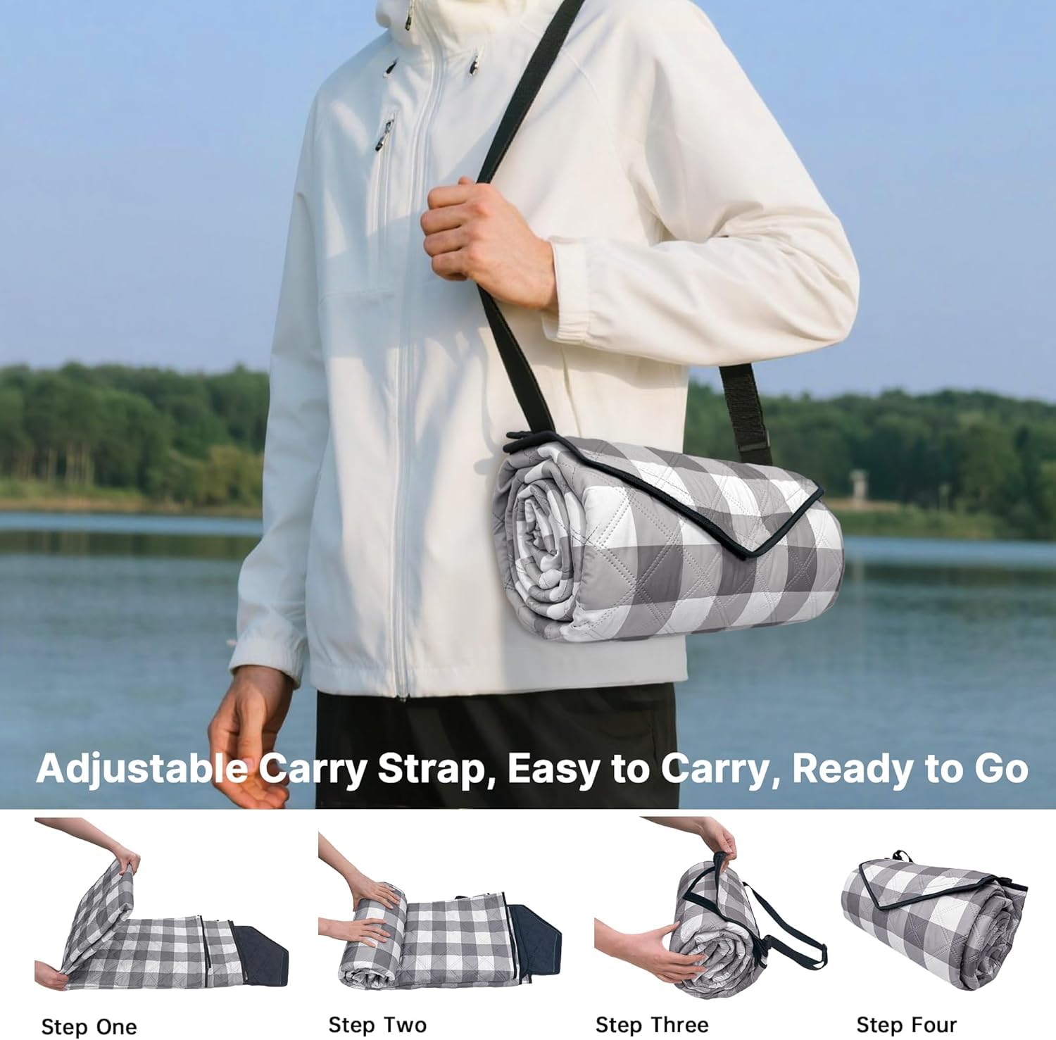 TigeJoy Extra große Picknickdecke, wasserdicht, Stranddecke, 203 x 203 cm | Outdoor-Picknickmatte, sanddicht, für Park, Strand, Gras, Reisen, Wandern, Camping-Essentials, Gingham-Picknickdecke, faltbar