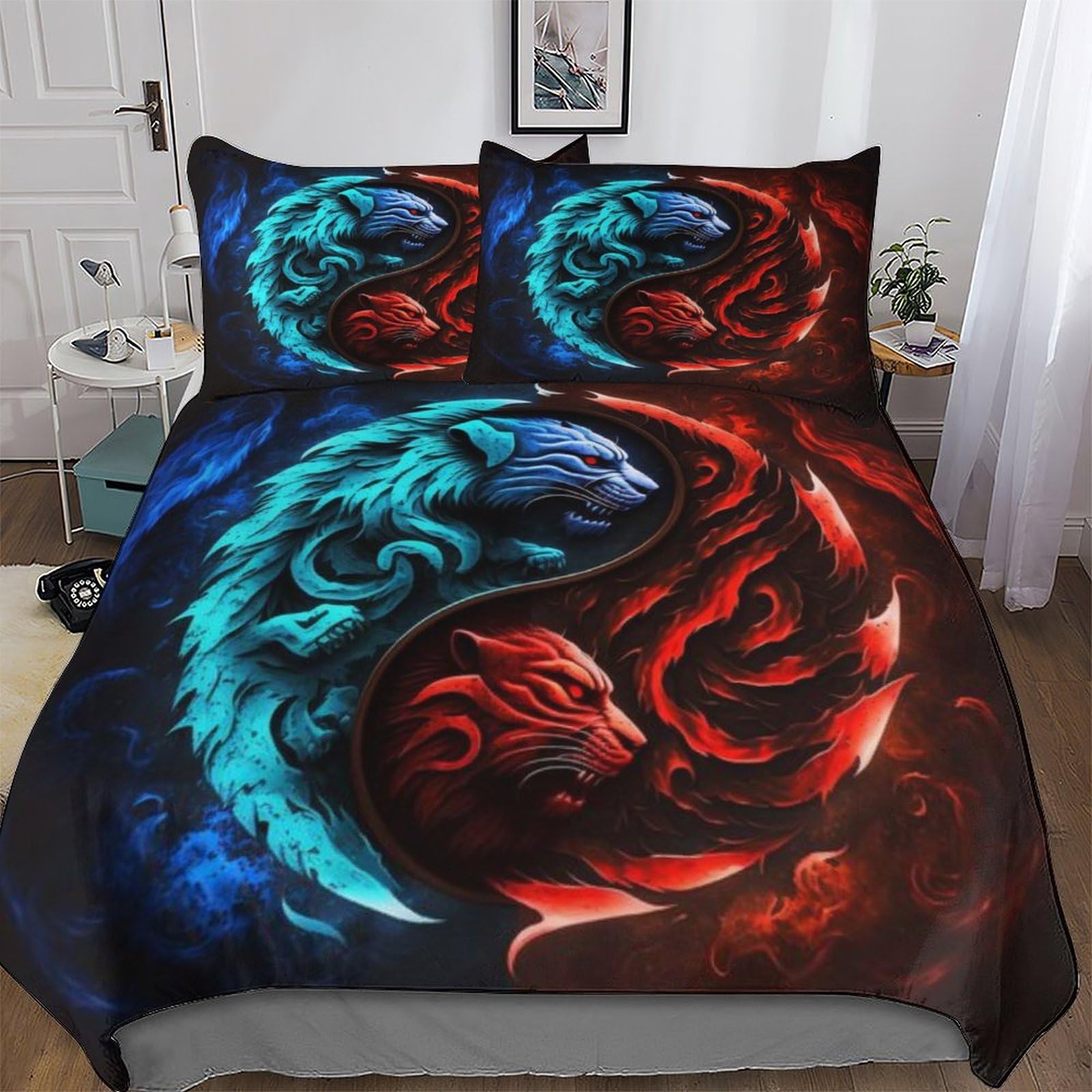 Housse de couette tigre 220x240 cm avec taies d'oreiller parure de lit 3 pièces en microfibre