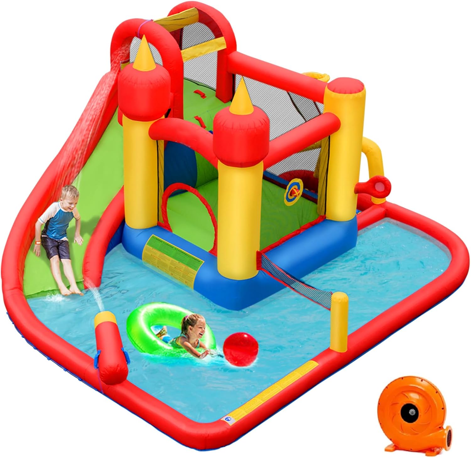HONEY JOY Inflatable Water Slide, 7 in 1 Toddler Giant Blow Up Bouncy Water Park w/Splash Pool, Outdoor Water Bounce House Water Slides Inflatables for Kids and Adults Backyard(with 740w Blower)