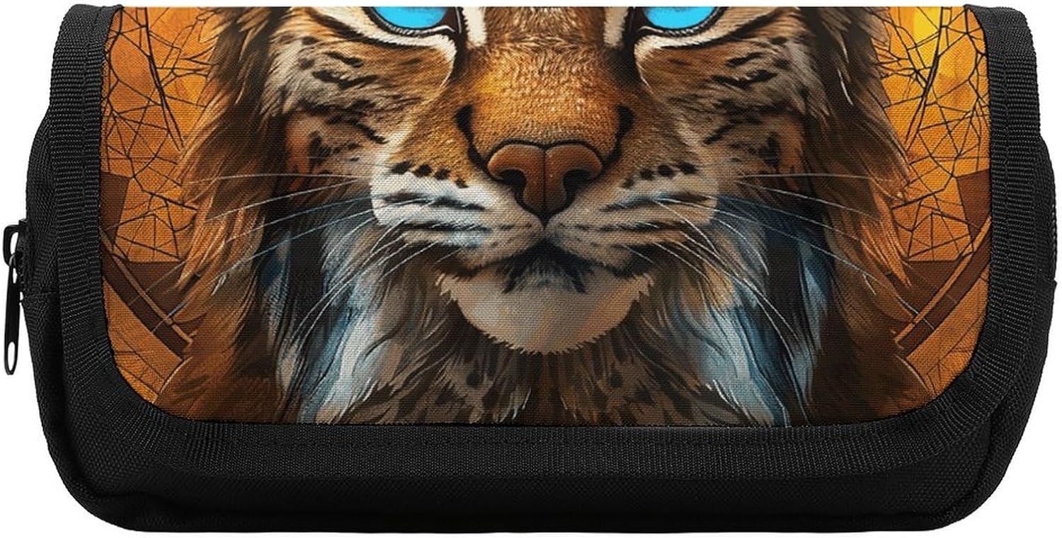 Pencil Case Blue Eyed Bobcat Large Capacity Pencil Case Double Zipper Storage Bag 2 Compartments Portable Multifunctional Bag Desk Organizer Marker Pen Case