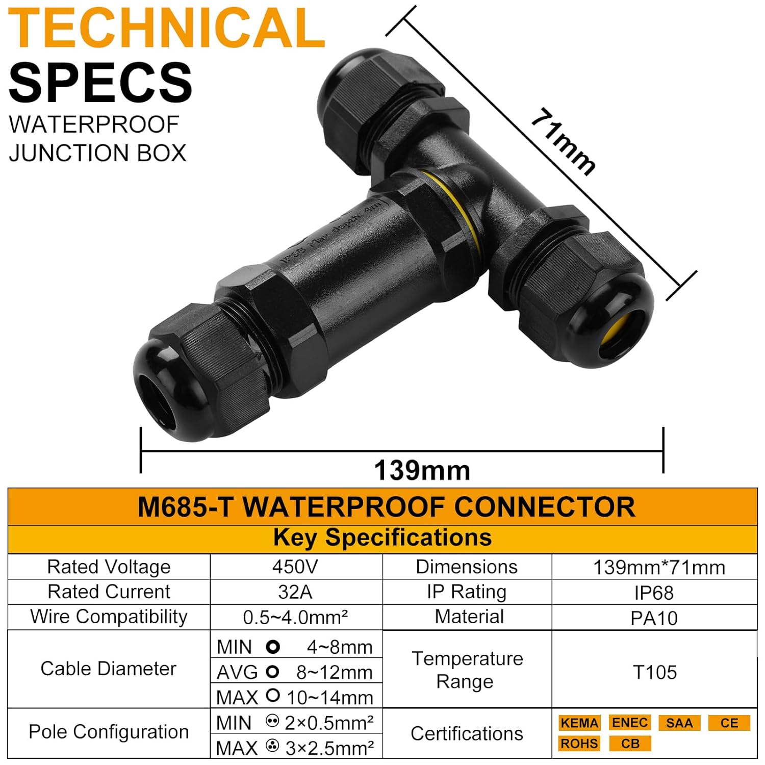IP68 Waterproof Junction Box Outdoor T-Shape 3way 5Pin (AC450v,32A) M25 Wire Range(4-14mm) Electrical Cable Connector,Suitable for Repair and Extend Power Cables,UL 5Pack