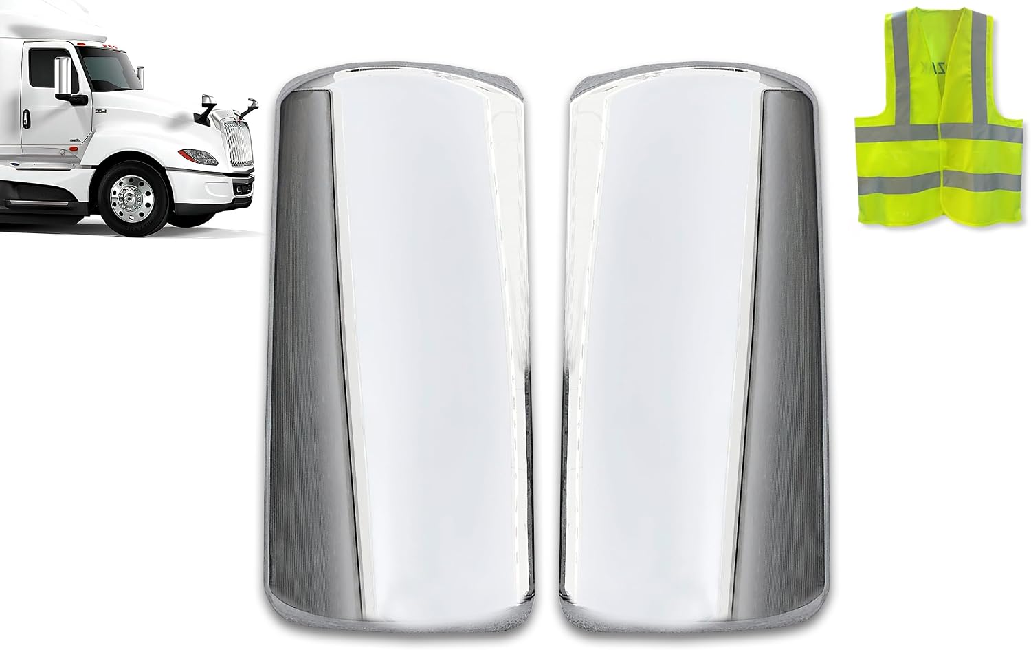 KOZAK Chrome Door Mirror Covers Pair Set (Left Driver Side and Right Passenger Side) Compatible with International LT625 Trucks PLUS Logo and Kozak Reflective Vest