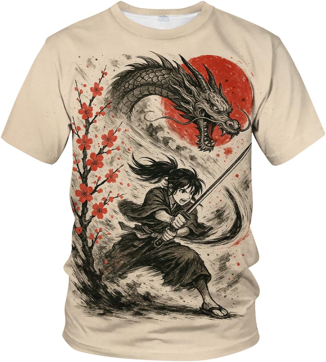 Novelty Men's Samurai Anime T-Shirt Japanese Warrior Graphic Tee Shirt