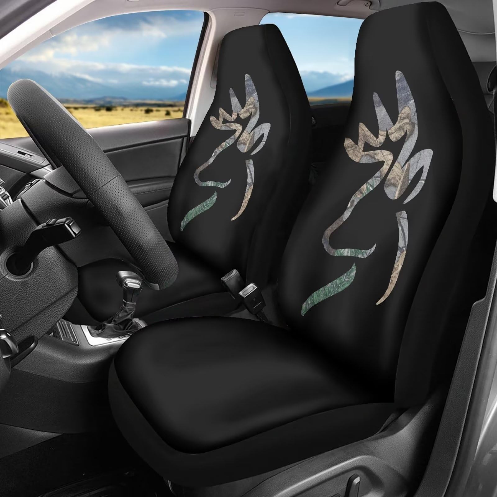 Poceacles Housses de siège de voiture à imprimé cerf camouflage pour sièges avant uniquement, dossier haut, extensible, housses de protection pour siège conducteur pour homme et femme