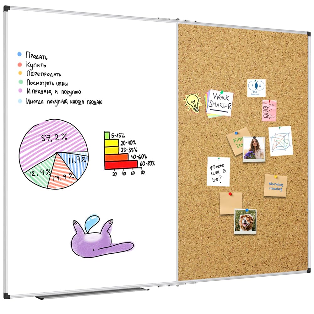 XBoard Extra Large Magnetic White Board and Bulletin Corkboard Combination, 60 x 48 Inch Foldable Dry Erase & Cork Combo Board for Wall with Aluminum Frame, 5' x 4' Notice Memo Board Pin Vision Board