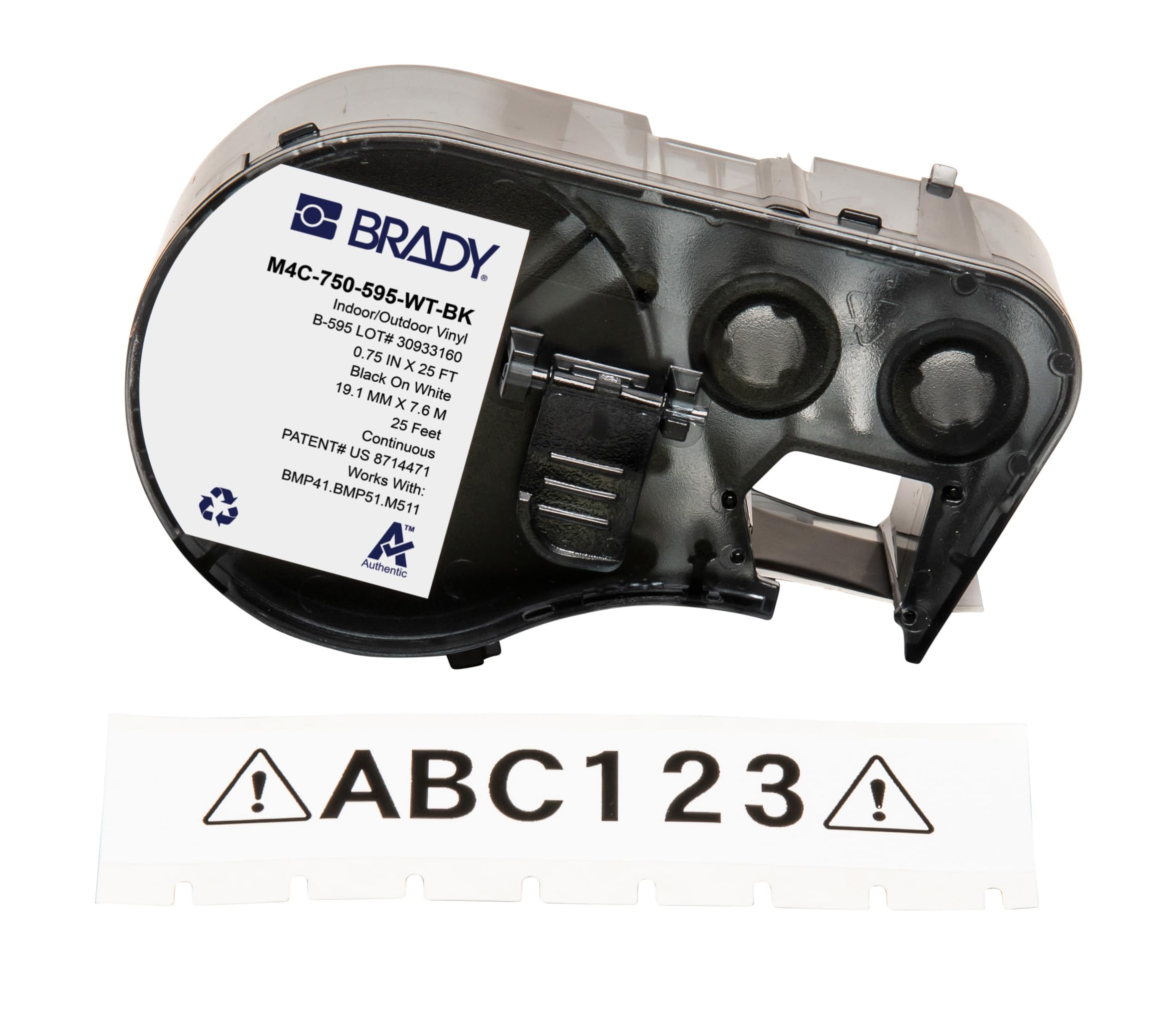 BradyVinyl Label Tape for Label Printer BMP41/BMP51/BMP53/M511 - Self Adhesive Printer Labels - Black on White (19,05 mm (W) x 7,62 m (L)) - M4C-750-595-WT-BK