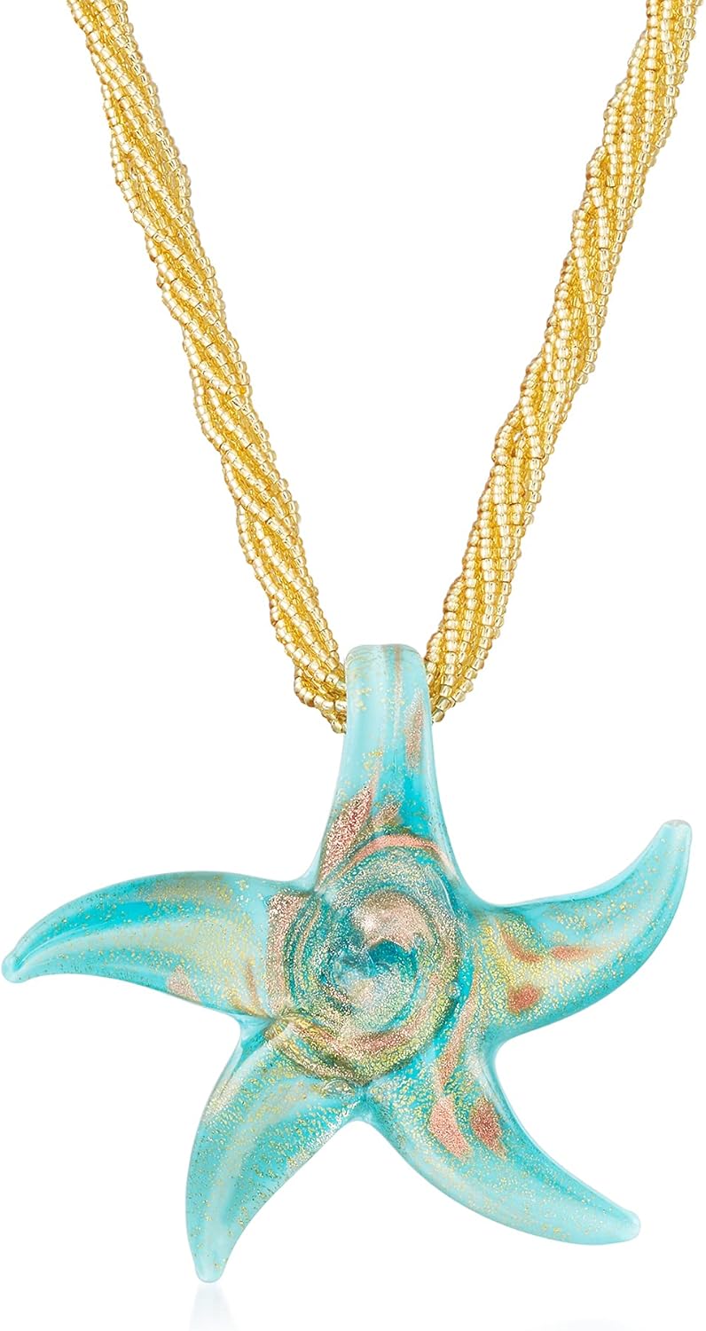 Ross-Simons Italian Turquoise Murano Glass Starfish Necklace With 18kt Gold Over Sterling