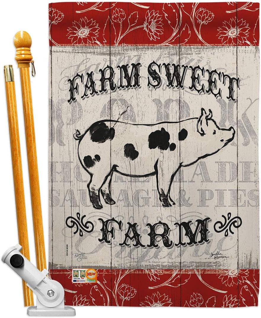 Sweet Farm Pig House Flag Animals Barnyard Animal Cow Horse Rooster Farmhouse Pet Nature Creature Small Decorative Gift Yard Banner Made In USA 28 X 40