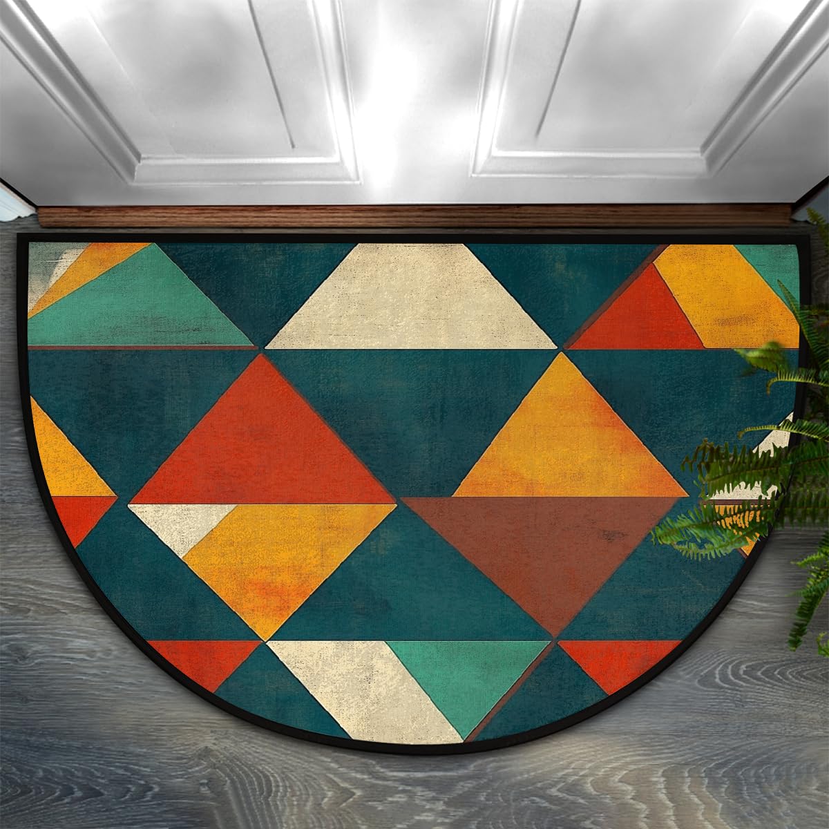 Mexpekil Half Moon Door Mats Indoor, Vintage Green Orange Triangle Washable Anti Slip Floor Rug, Home Decor Outdoor Mat for Inside, Entrance, Front Back Door, Garden
