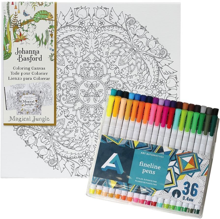 Johanna Basford Magic Jungle: Butterfly Mandala 12 X 12 Canvas with Free Art Alternatives .4mm Fine Line Water Based Ink Pen 36 Color Set