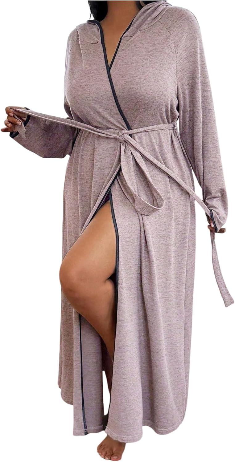 SOLY HUX Women's Plus Size Hooded Robes Long Sleeve Belted Long Kimono Bathrobe Loungewear