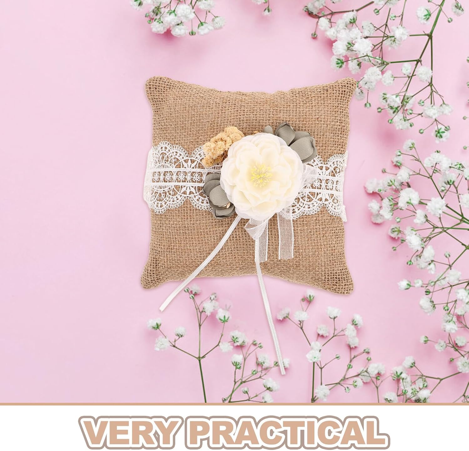 Vaguelly Rustic Burlap Ring Bearer Pillow with Bridal Lace, Vintage Linen Wedding Ring Display Cushion for Ceremony and Photography, Coffee Color