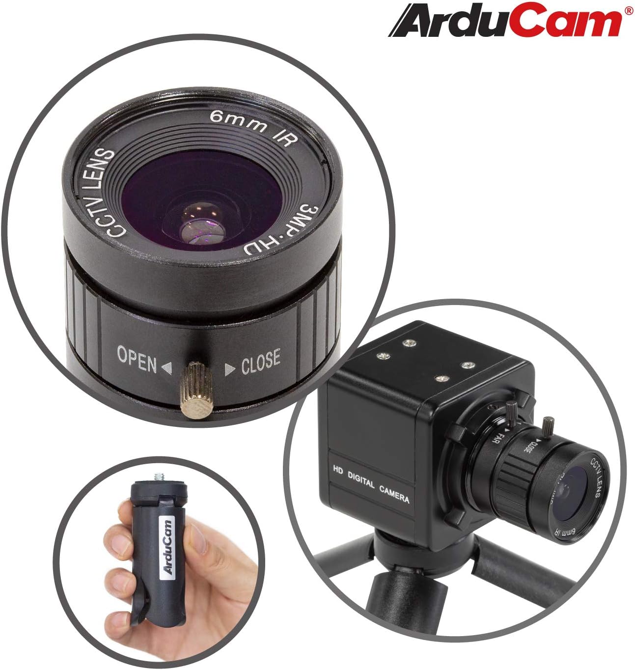 Arducam for Raspberry Pi HQ Camera, 12MP IMX477 HQ Webcam with Audio, 6mm CS-Mount Lens, Metal Enclosure, Tripod and USB Cable