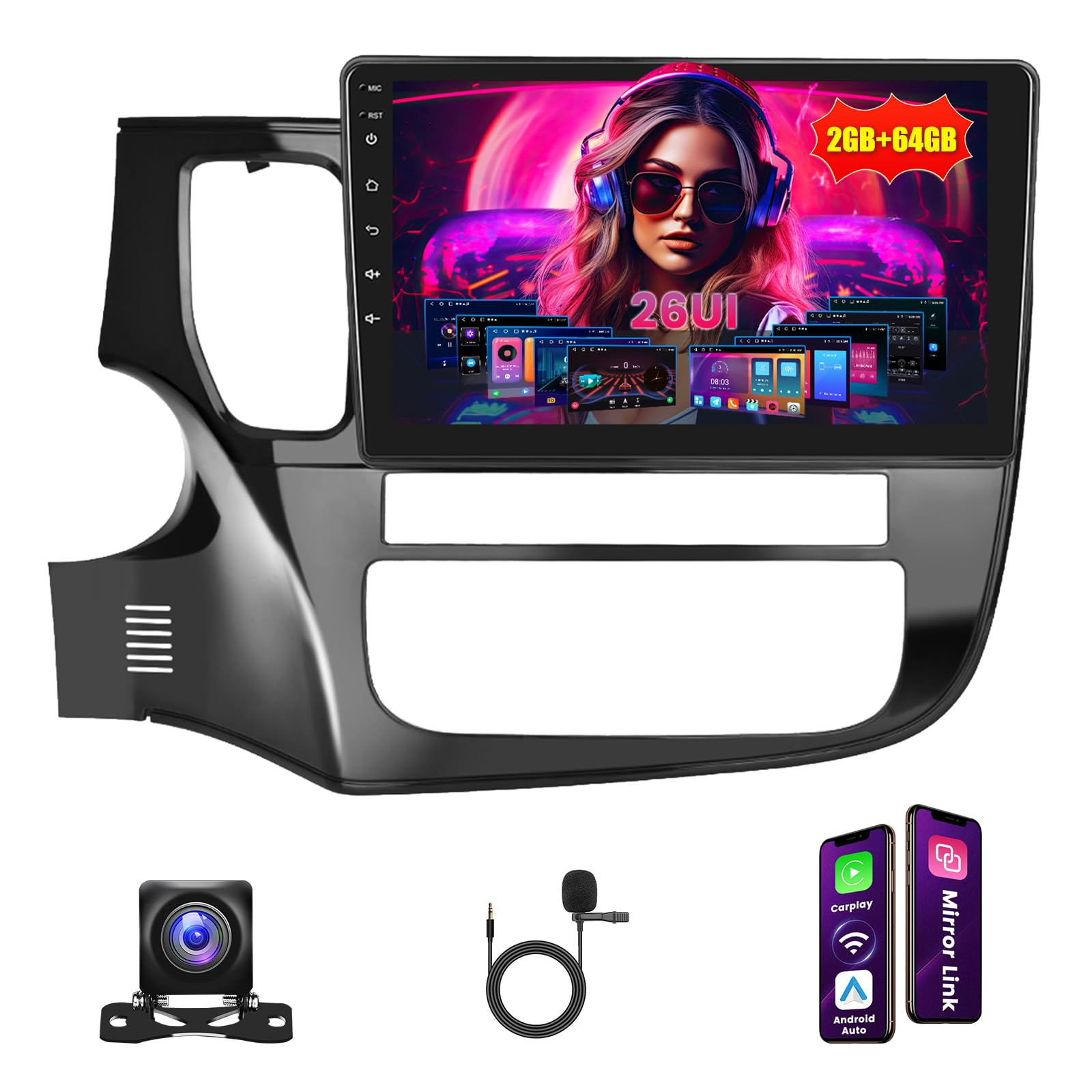 Inefala [2G+64G] Android 15 Car Radio for Mitsubishi Outlander 2012-2018 with Wireless Carplay Android Auto, 10 Inch HD Touchscreen Car Stereo with