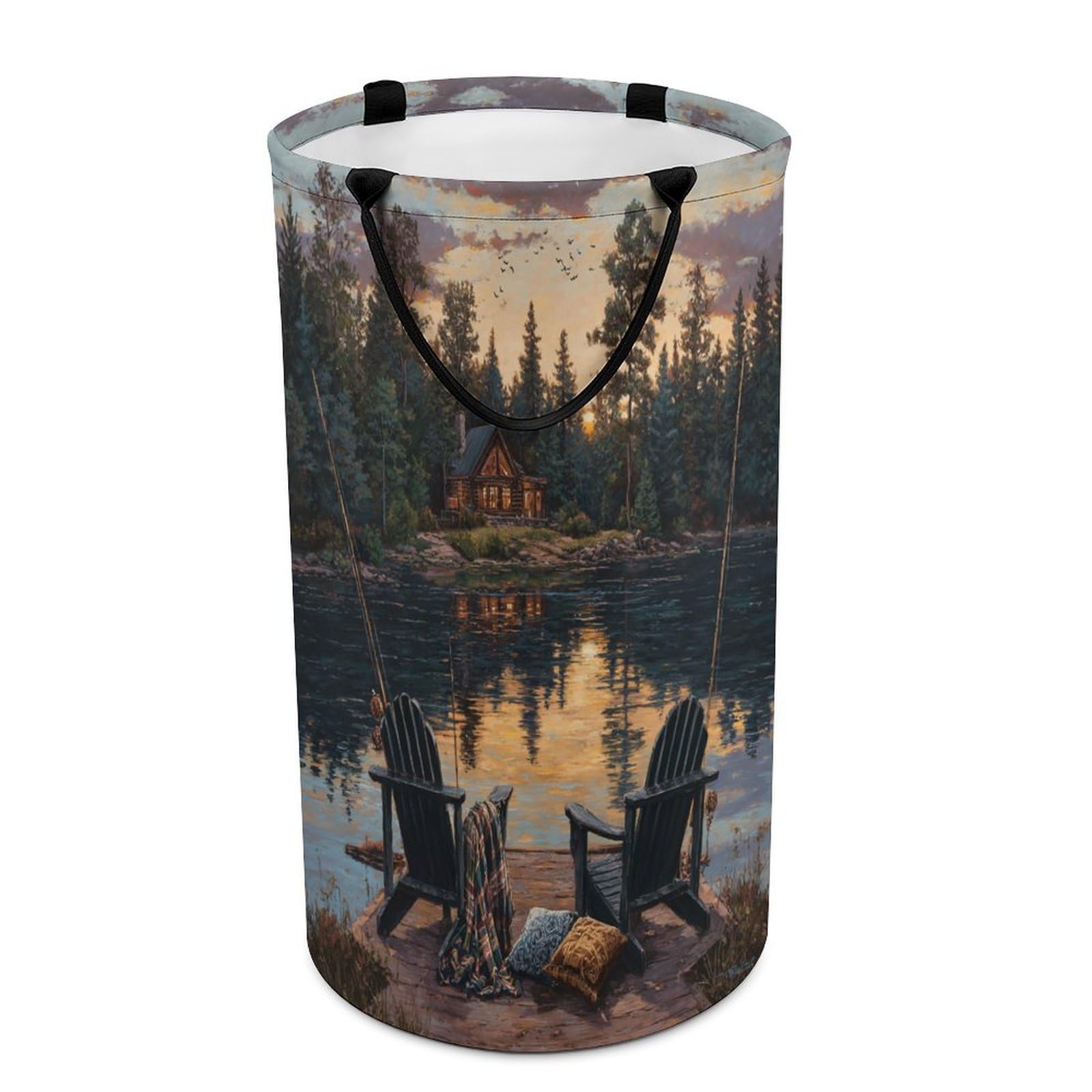 LUYYSKY Vintage Realistic Fishing Theme Versatile Storage Laundry Basket, Beautiful Abstract Sunset Lanscape Lake Cabin Pattern Large Capacity Bathroom Hamper With Handle