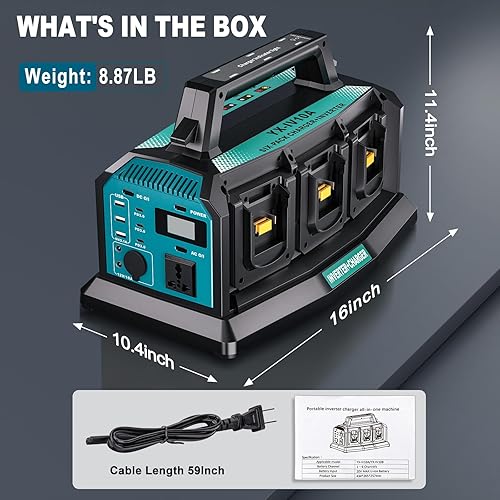 Miniatura 9 de Cargador inversor portátil 2 en 1, inversor de onda sinusoidal pura de 1200 W y cargador rápido de 6 A para batería Makita de 18 V, convertidor de 6