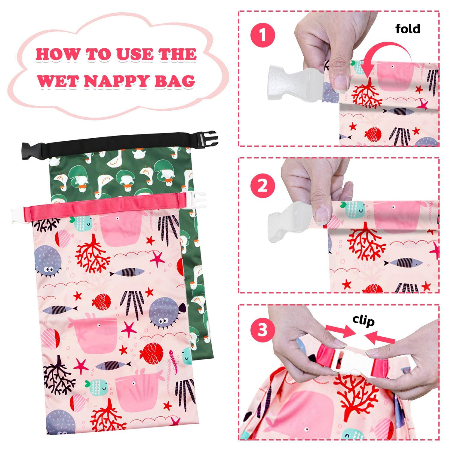 Lot de 2 sacs à couches imperméables pour bébé - Pour vêtements humides et secs, Rose, vert., Non