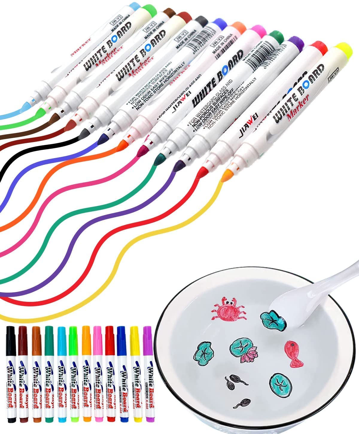 Magical Water Painting Pen - Magic Doodle Drawing Pens Eco-Friendly,Water Markers Painting Floating Marker Pens,Water Doodle Pens with A Ceramic Spoon for Teaching Drawing (12PCS)