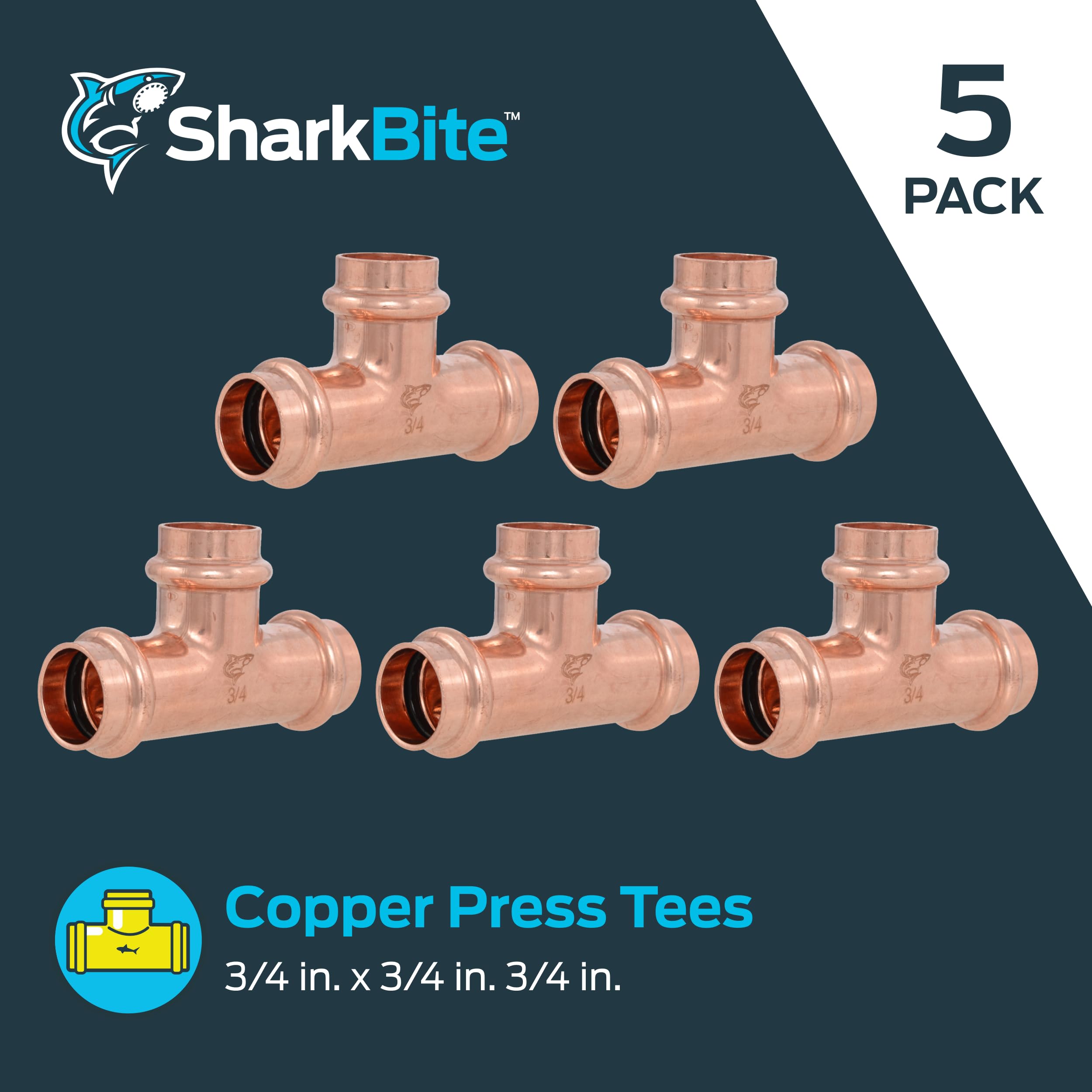 SharkBite Camiseta de prensa de cobre de 3/4 x 3/4 x 3/4 pulgadas, accesorio de fontanería, paquete de 5, UPR370X5