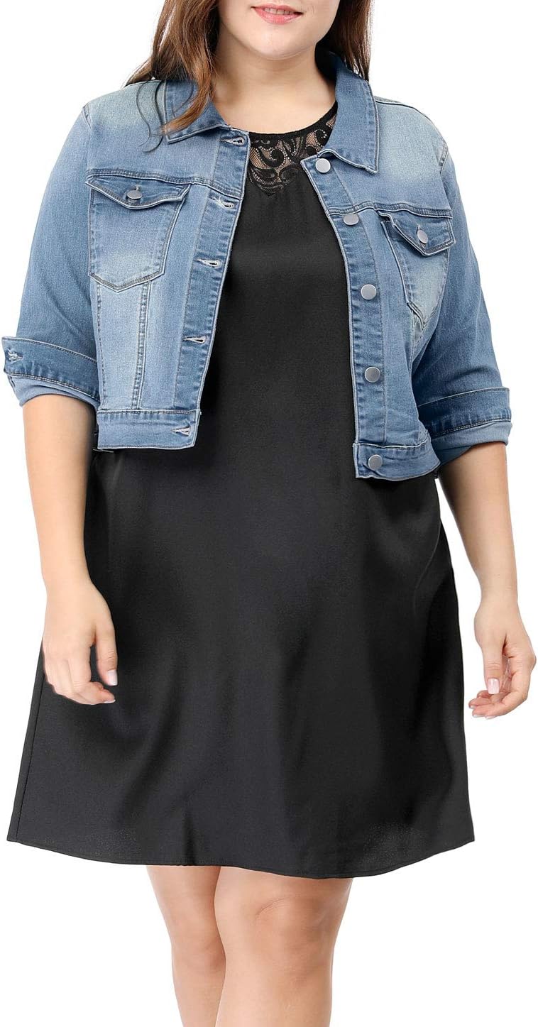 uxcell Women's Plus Size Button Closed Cropped Denim Jackets Stitching 2026 - Image 3
