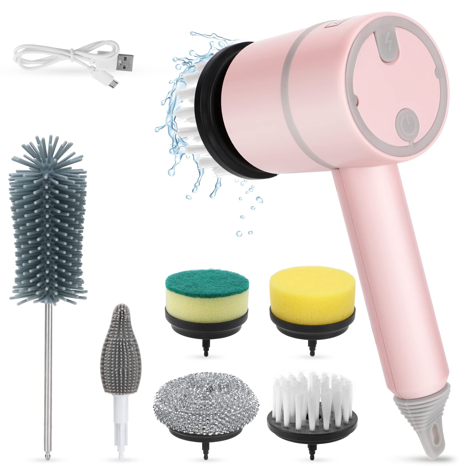 Spazzola elettrica, zeroto spazzola di pulizia portatile con 6 testine sostituibili 3 velocità di rotazione Spazzola Rotante Elettrica Per Pulizia ricaricabile per cucina bagno piastrelle (rosa)