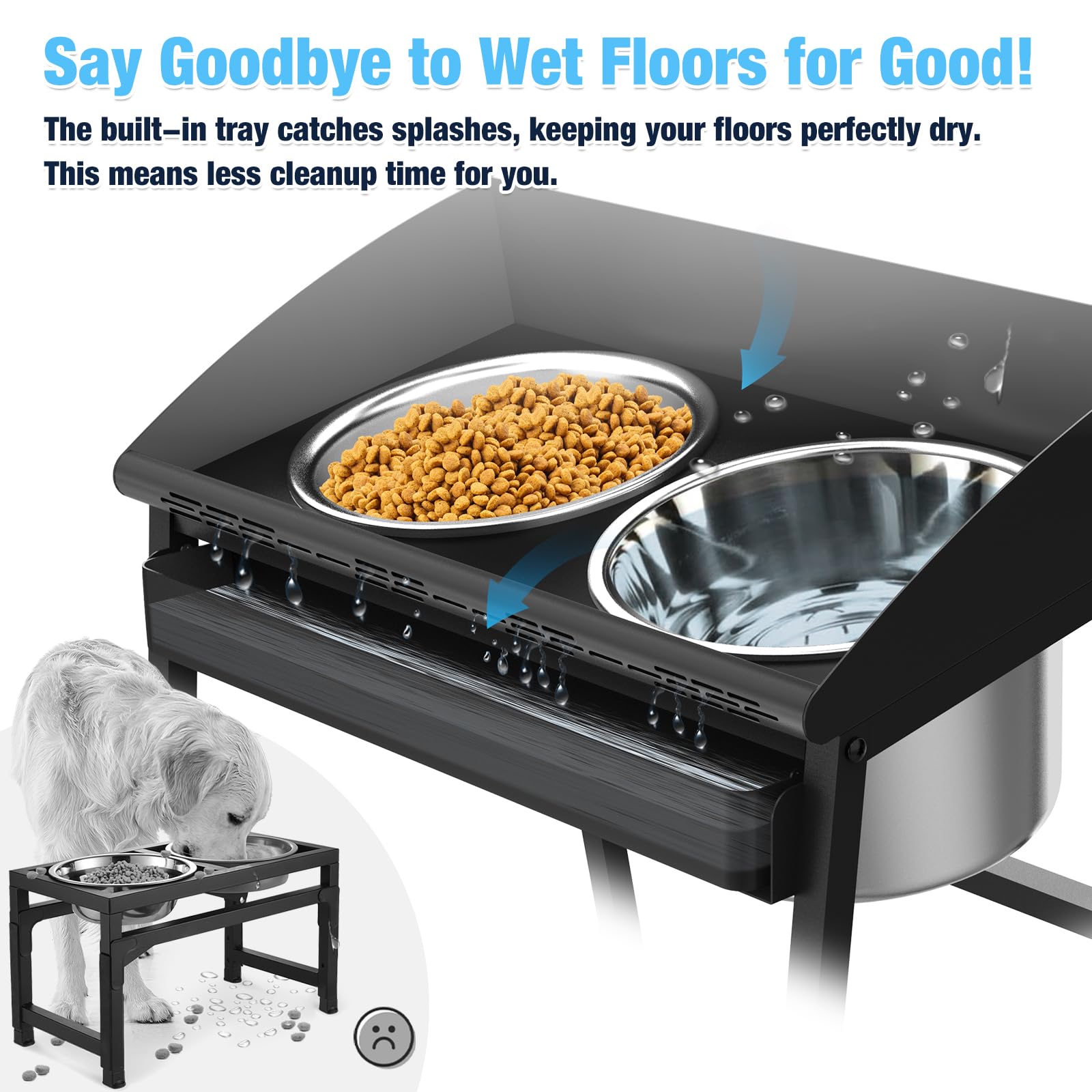 Cuencos elevados para perros grandes, juego de cuencos elevados de 15 pulgadas de alto para alimentos y agua con soporte, diseño de metal completo a prueba de derrames y cuencos de acero inoxidable