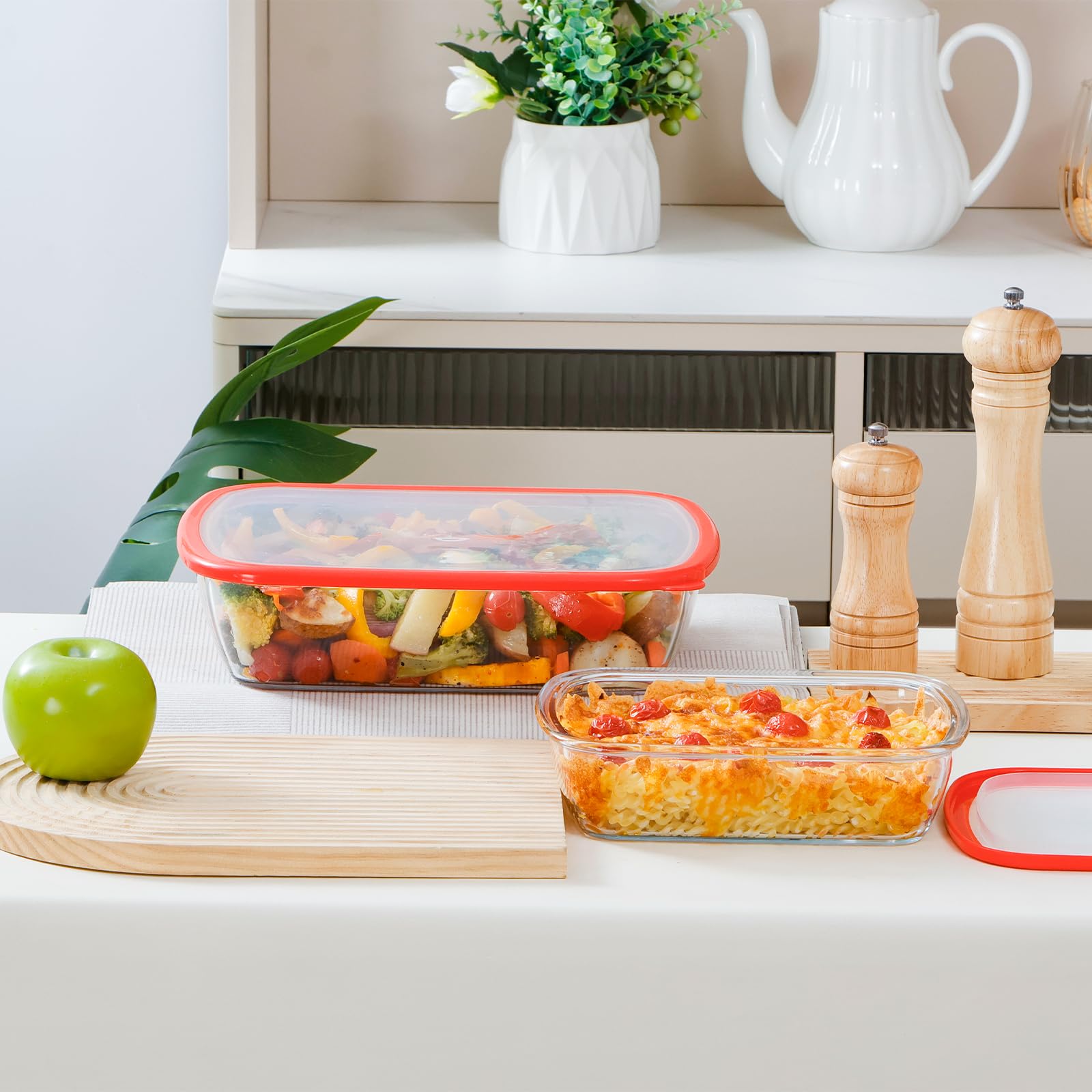 NUTRIUPS 2-teiliges Backformen-Set aus tiefem Glas (27,9 x 22,9 cm, 22,9 x 15,2 cm) mit BPA-freien Deckeln, rechteckige Glaswaren, ofen-, spülmaschinen- und mikrowellengeeignet (gehärtetes Glas, 1,3