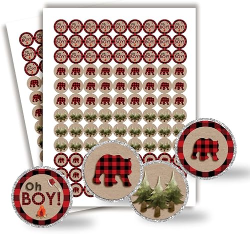 Amanda Creation - Etiquetas adhesivas de leñador a cuadros rojos y negros para baby shower, 300 calcomanías circulares de 0.75 pulgadas para besos