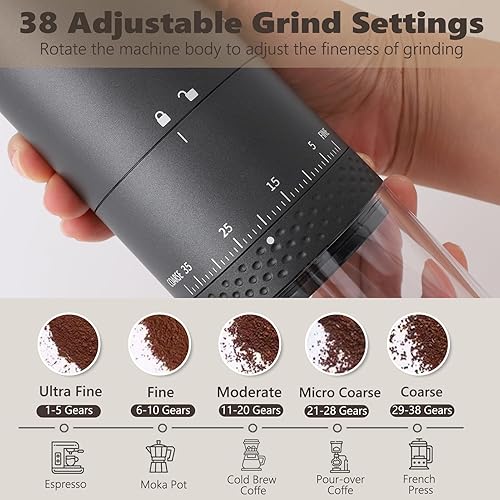 Miniatura 4 de Molinillo de café portátil para rebabas, pequeño molinillo eléctrico de granos de café con 38 ajustes ajustables, pantalla LCD mini molinillo de