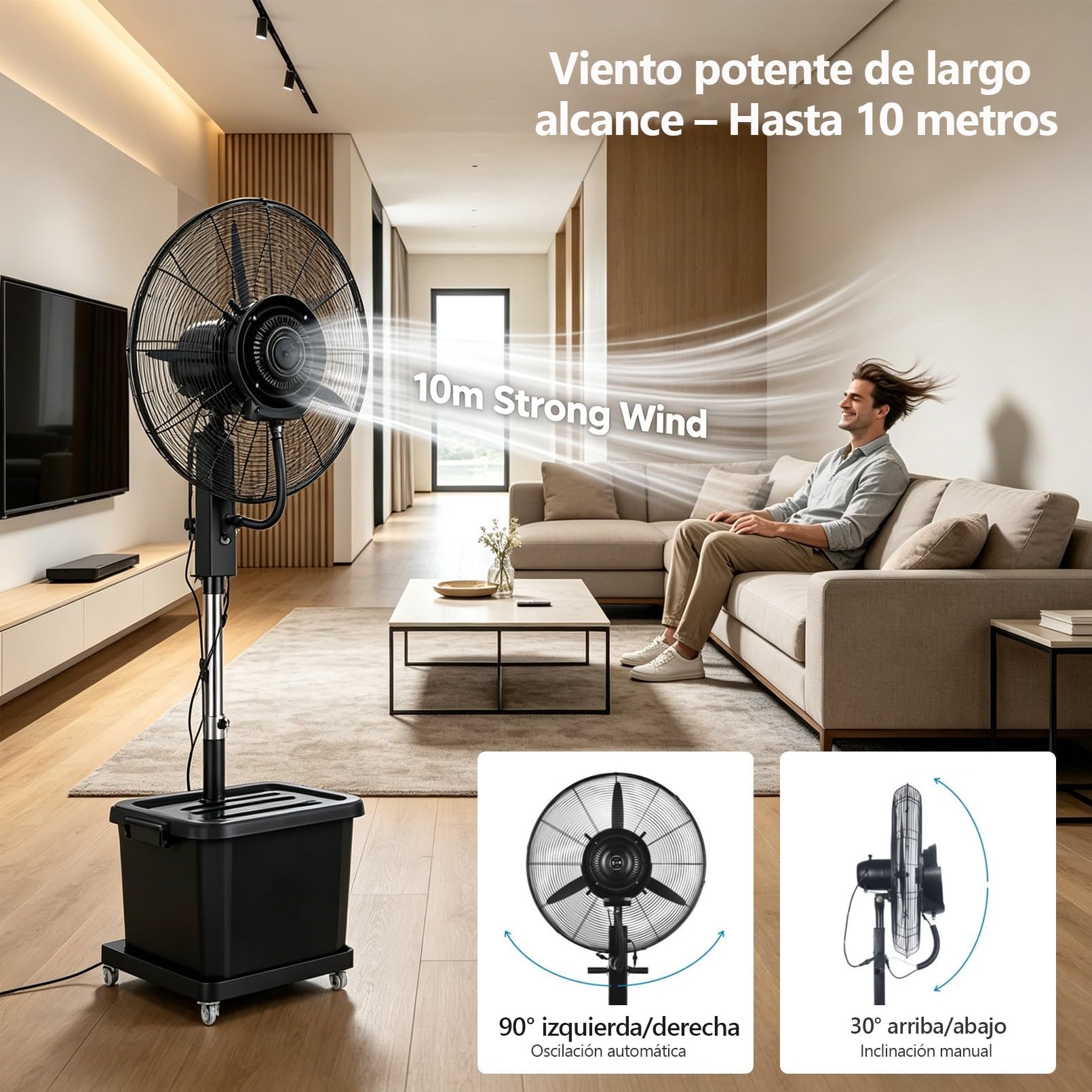 Ventilador Humidificador 42L con Nebulizador, 3 Velocidades, Altura Regulable 160-200cm, Oscilación 90°, Ruedas Pivotantes, Enfriador De Aire Portatil Ventiladores de Pie con Agua para Oficina(⌀71cm)