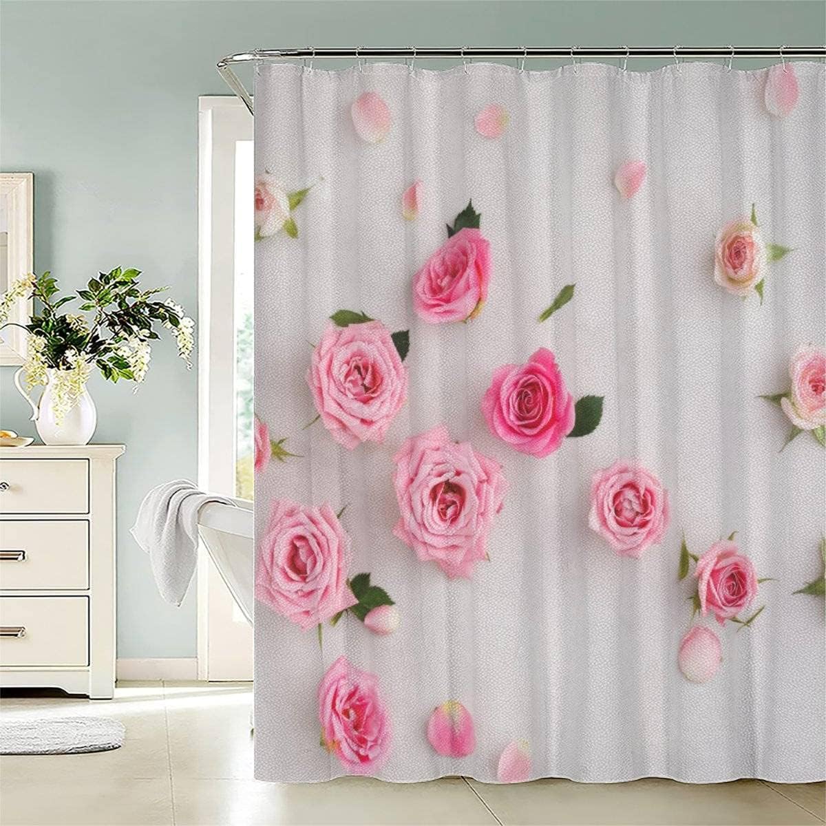 Cortina de Ducha Rosa, Cortina Ducha 180x200 cm Flores Rosas Cortina Baño Tela Impermeable Antimoho con 12 Ganchos B4121