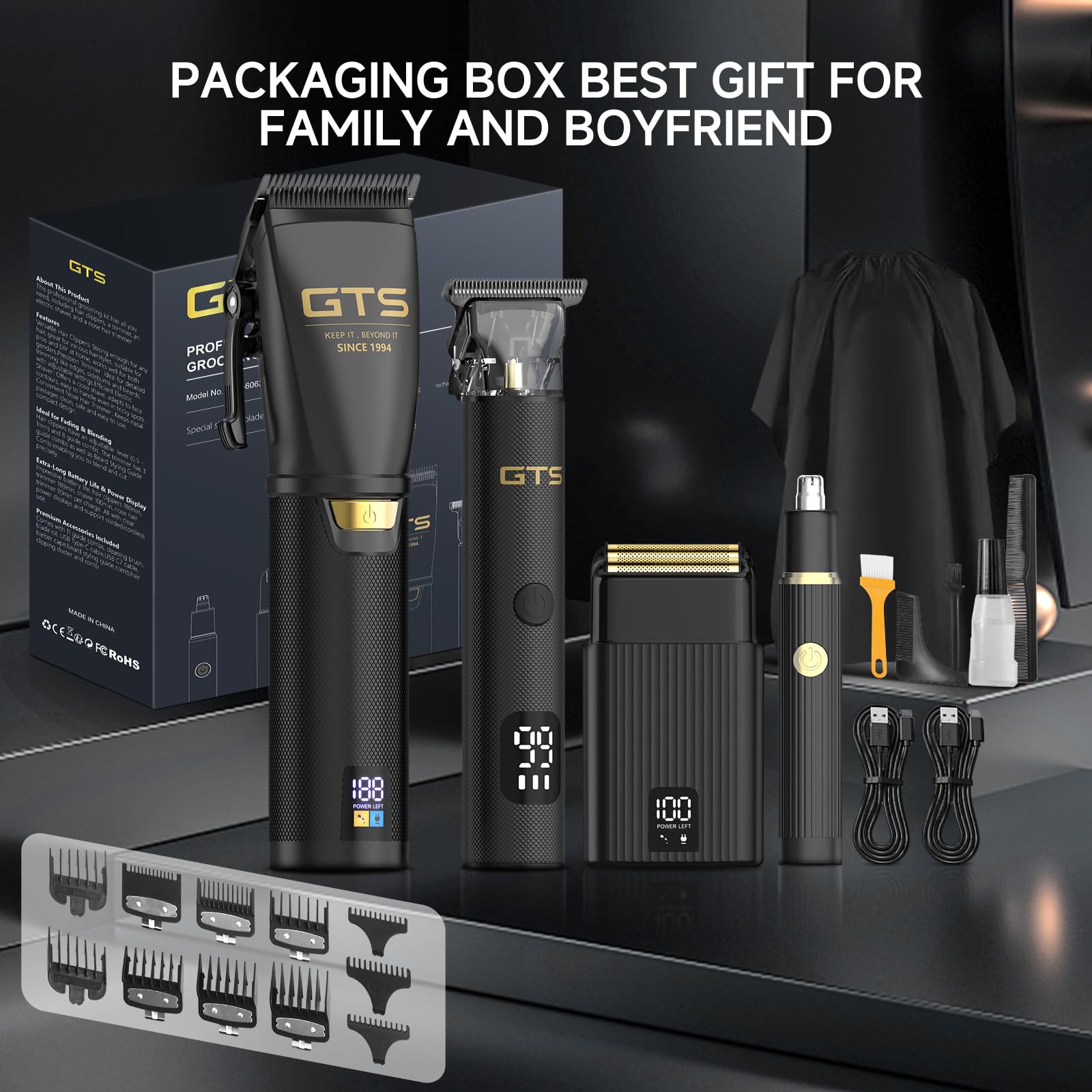 GTS - Tagliacapelli professionale da uomo, kit e set di regolabarba da uomo, senza fili, rasoio elettrico, macchina da taglio con display a LED, per barbiere 4 in 1