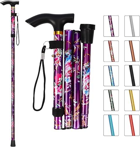 MFE Bastón plegable, portátil de 5 niveles de altura ajustable con diseño plegable, correa de muñeca y mango en T para hombres y mujeres