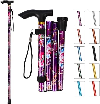 MFE Folding Cane, Portable 5-Level Adjustable Height Walking Stick with Foldable Design, Wrist Strap, and T Handle for Men and Women