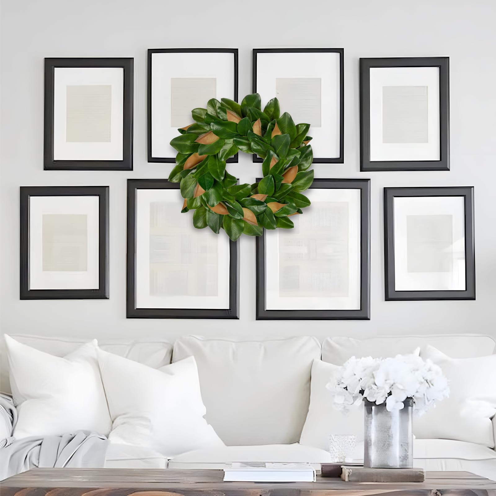 Kranz Künstlicher Magnolienkranz 60 cm Türkranz Wandkranz Künstlich Dekokranz Grün Magnolie Kunstpflanzen Tisch Kamin Deko Sommer Winter Deko Wohnzimmer Schlafzimmer