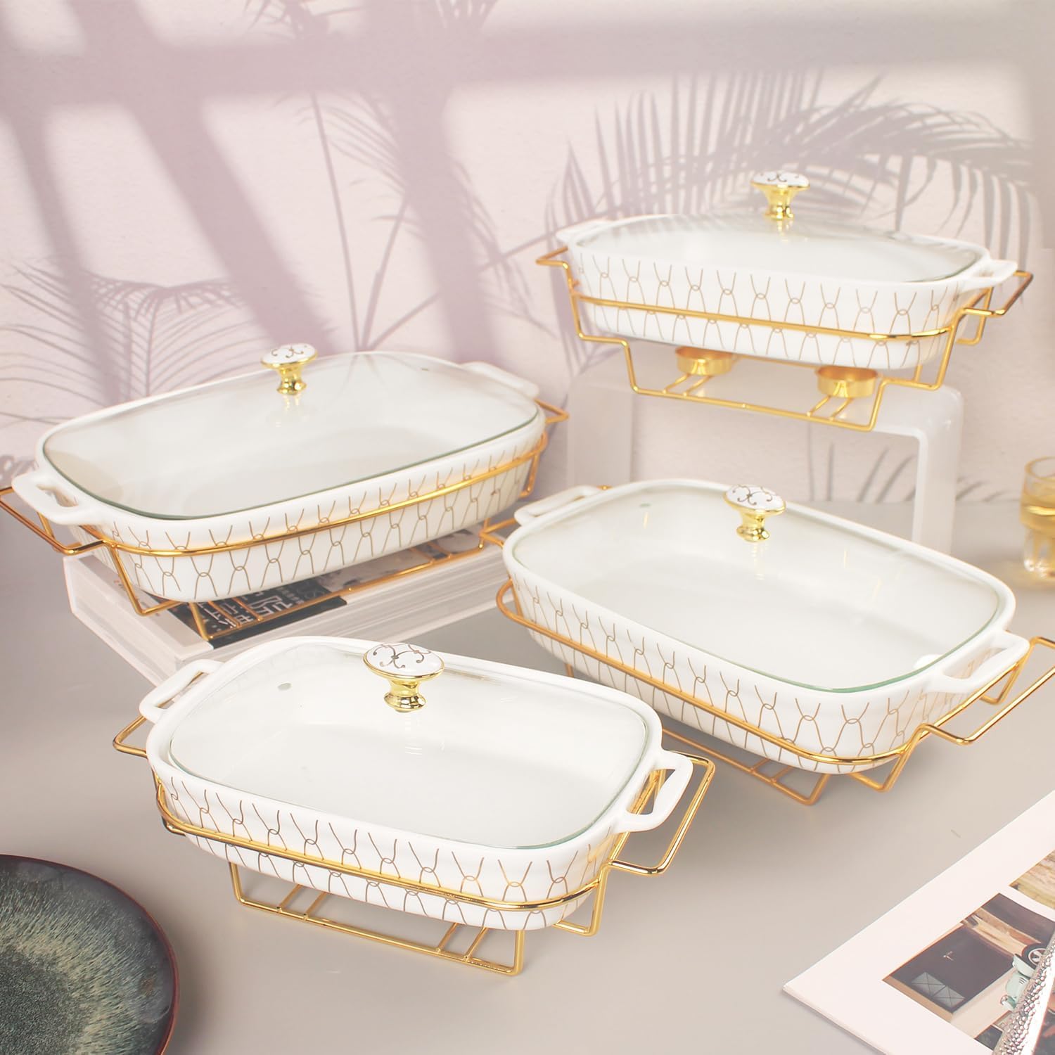 Cacerola Rectangular de Porcelana para Hornear con Tapa de Vidrio y Rejilla, Plato para Calentar Alimentos para bufé, Bandeja para conservar Alimentos, cazuela para Catering para f