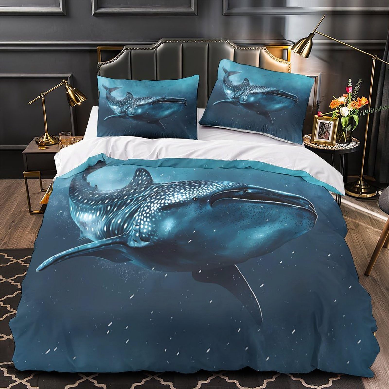 Housse de couette requin baleine 3 pièces résistant et doux pour grand lit