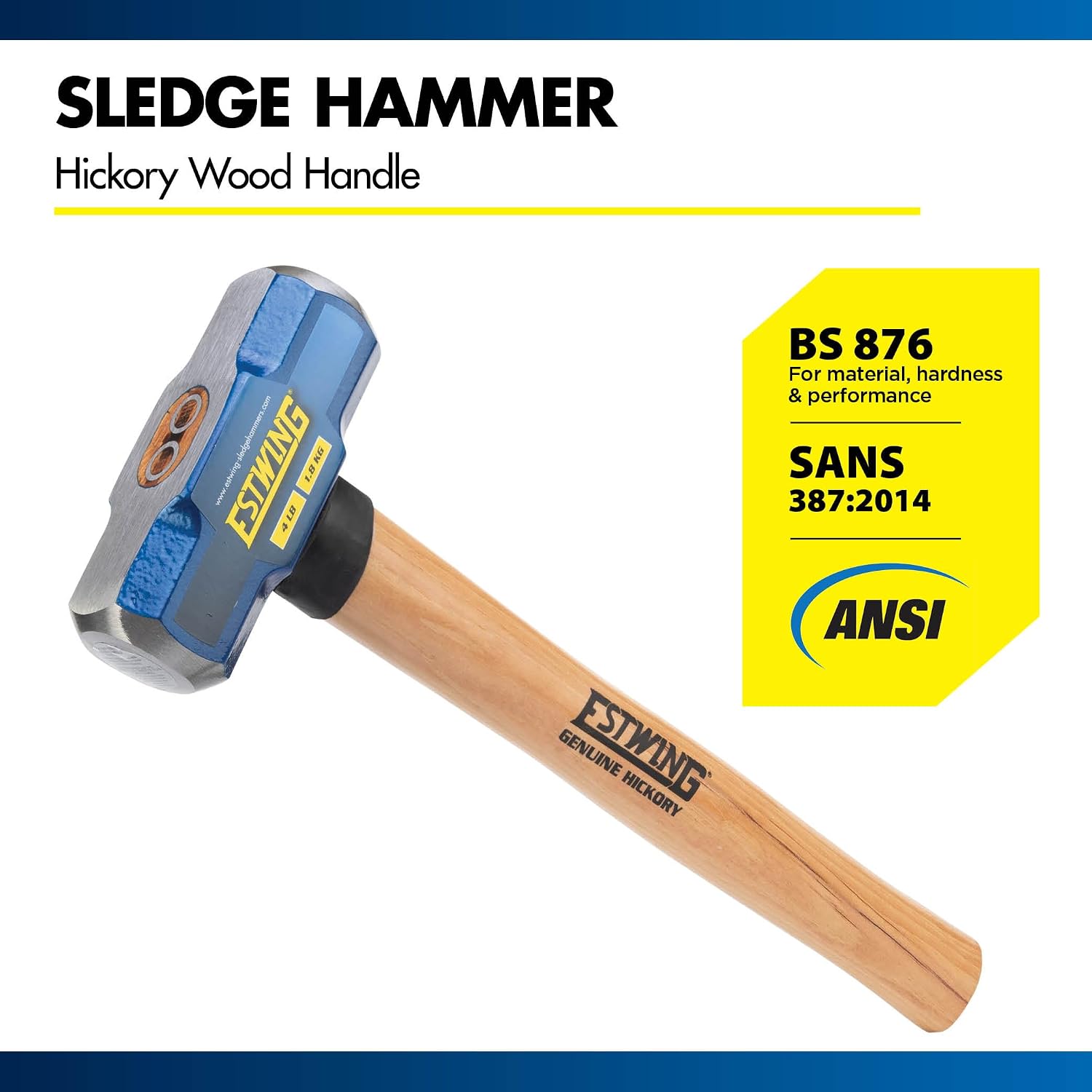 Estwing 4-Pound Hard Face Sledge Hammer - 16-Inch Hickory Handle, Ergonomic Grip, Durable Construction for Demolition & Stake Driving