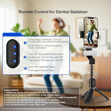Gimbal Stabilizer for Smartphone,Selfie Stick for iPhone Tripod with Fill Light and Wireless Remote Control,1-Axis Phone Gimbal for Cell Phone Camera&Android to Vlogging on Tiktok & YouTube