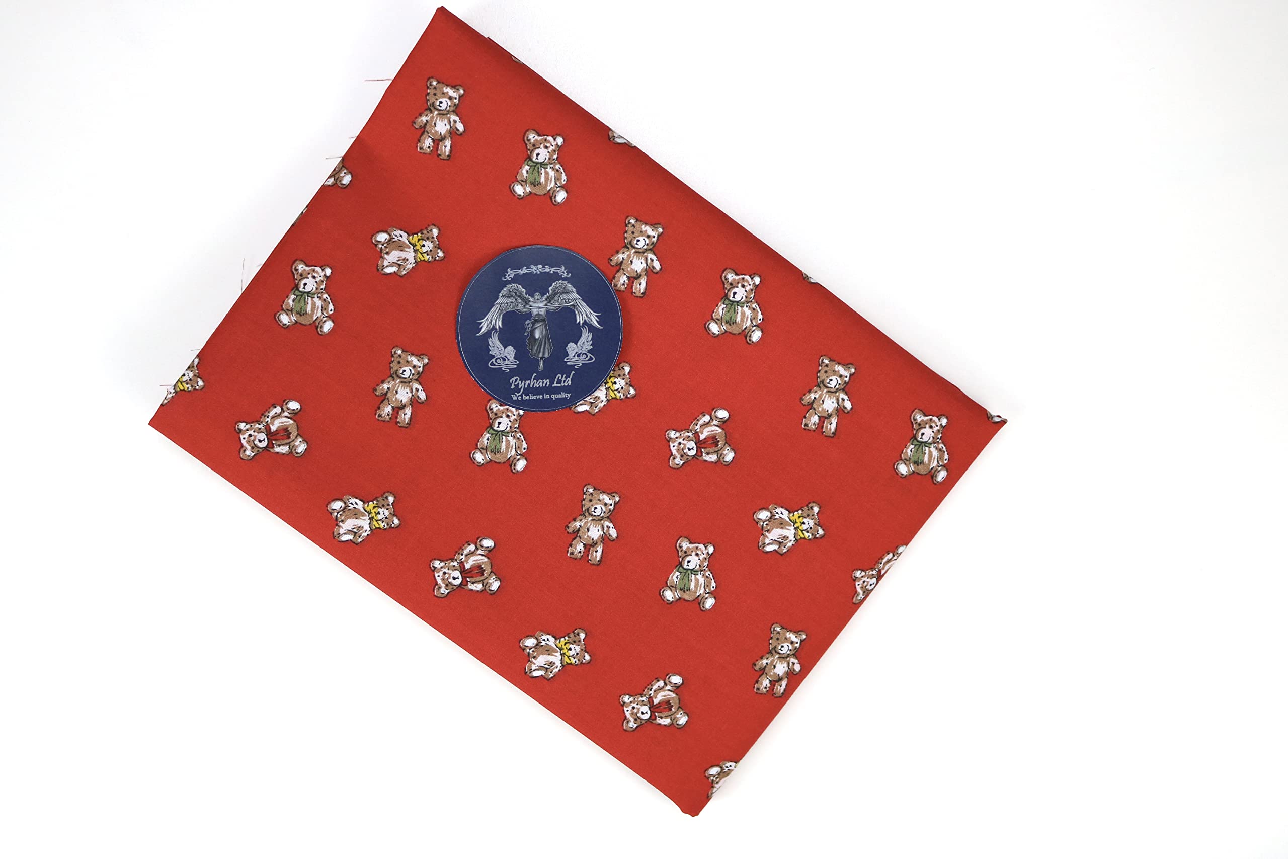 Pyrhan Teddy Bear with Bow Tie Polycotton Prints | 45 Inch Wide Dress Craft Fabric Material by The Metre | Floral Polycotton Print Used in Sewing Kit and Accessories-Quilting Fabric (Red)